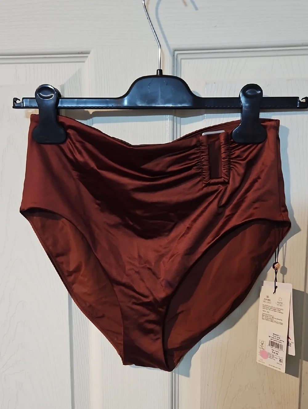 CALIA Women's Asymmetrical Rectangle Trim Swim Bottom: RED BROWN SHINE: NWT: S